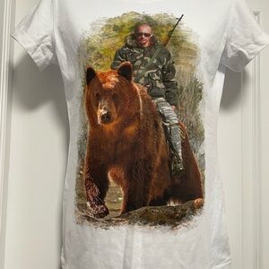 White Graphic T‑Shirt with Vladimir Putin riding a bear